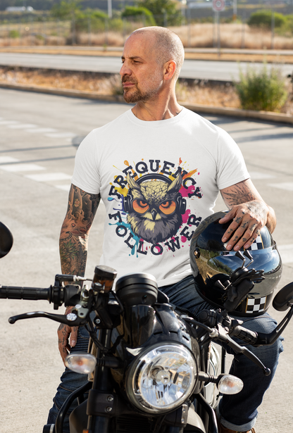 Tshirt or poster design with a owl listening to music on headphones